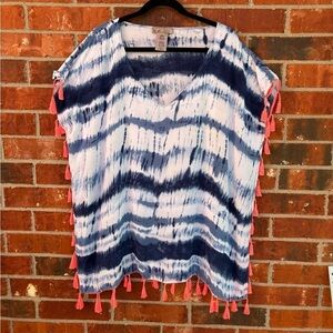 C & T Beach Womens Large Blue Tie Dye Coral Tassels Beach Swim Cover Up Pullover